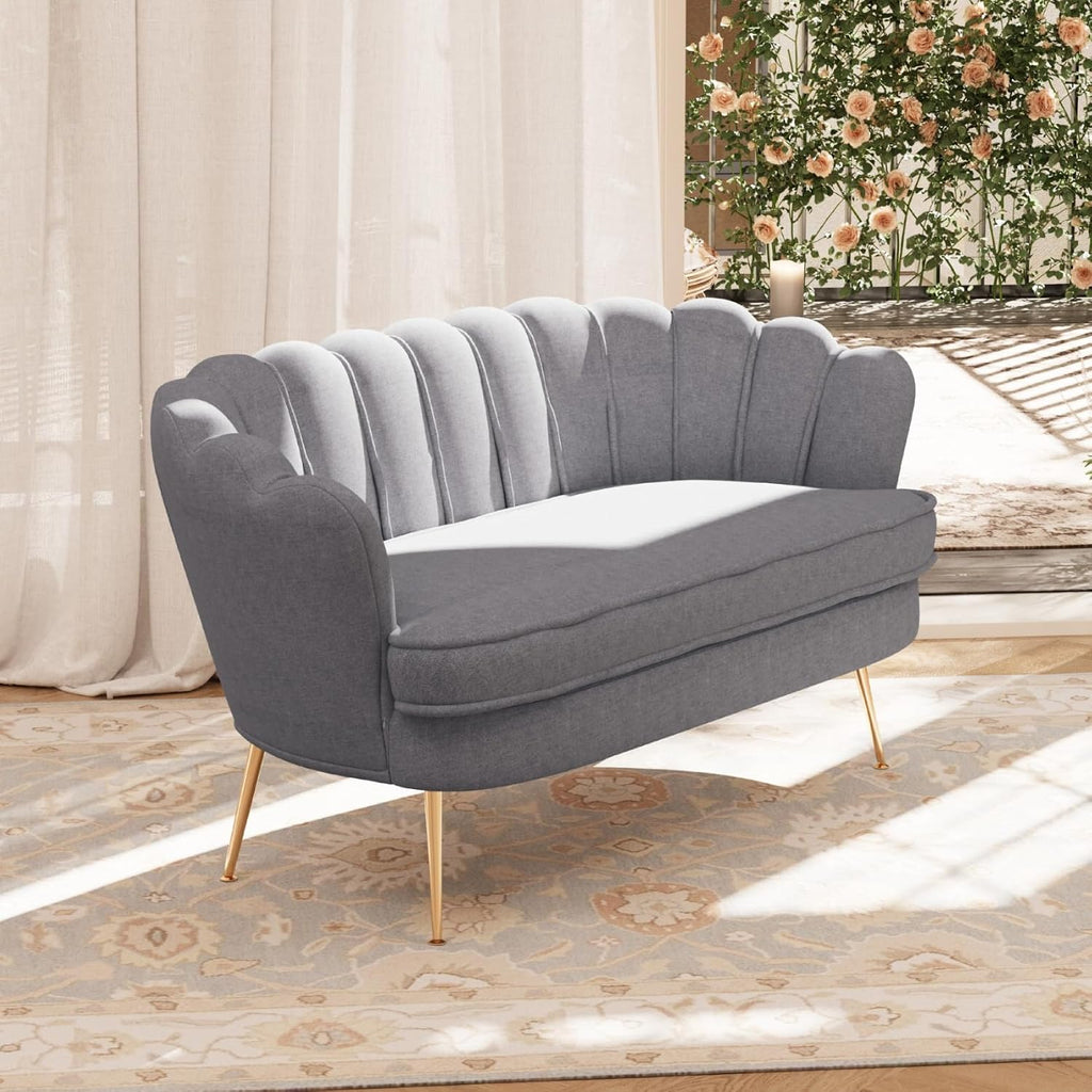 59'' Loveseat Sofa, Modern Chenille 2-Seater Sofa with Golden Legs, Comfy Upholstered Shell Accent Couch for Studio, Living Room, Store, Office (Light Grey).