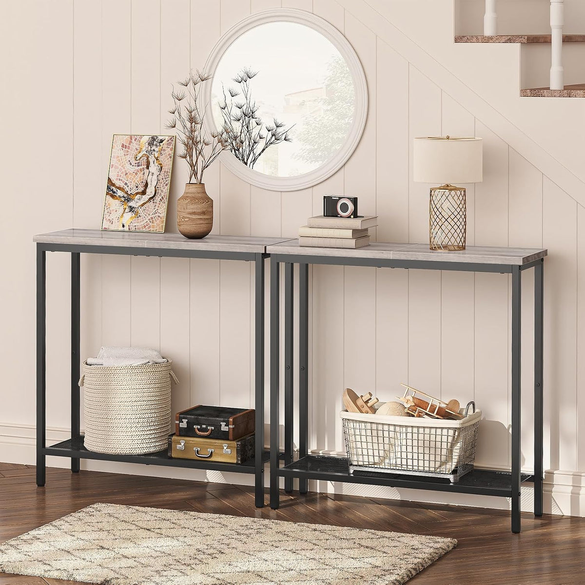 HOOBRO 29.5" Narrow Console Table, Small Entryway Table with Shelf, 2 Tier Thin Sofa Table, Behind Couch Table, Side Table, for Hallway, Living Room, Bedroom, Greige and Black BG74XG01
