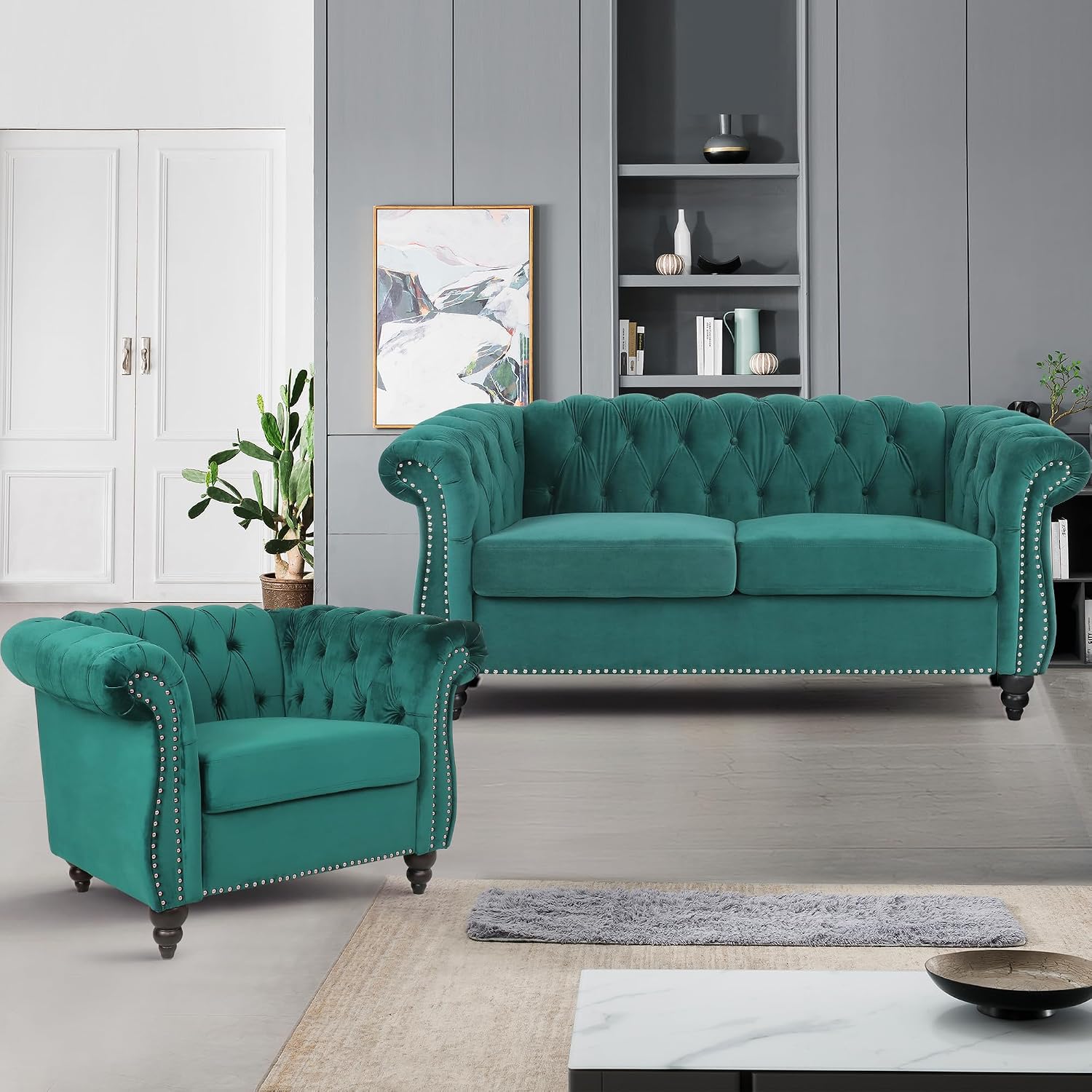 Velvet Sofa Couches Set, 3-Piece Mid Century Modern Upholstered Couch with Cushions, Home Sofa Sectional Furniture Sets, Comfy Tufted Chesterfield Couches for Living Room, Bedroom, Office