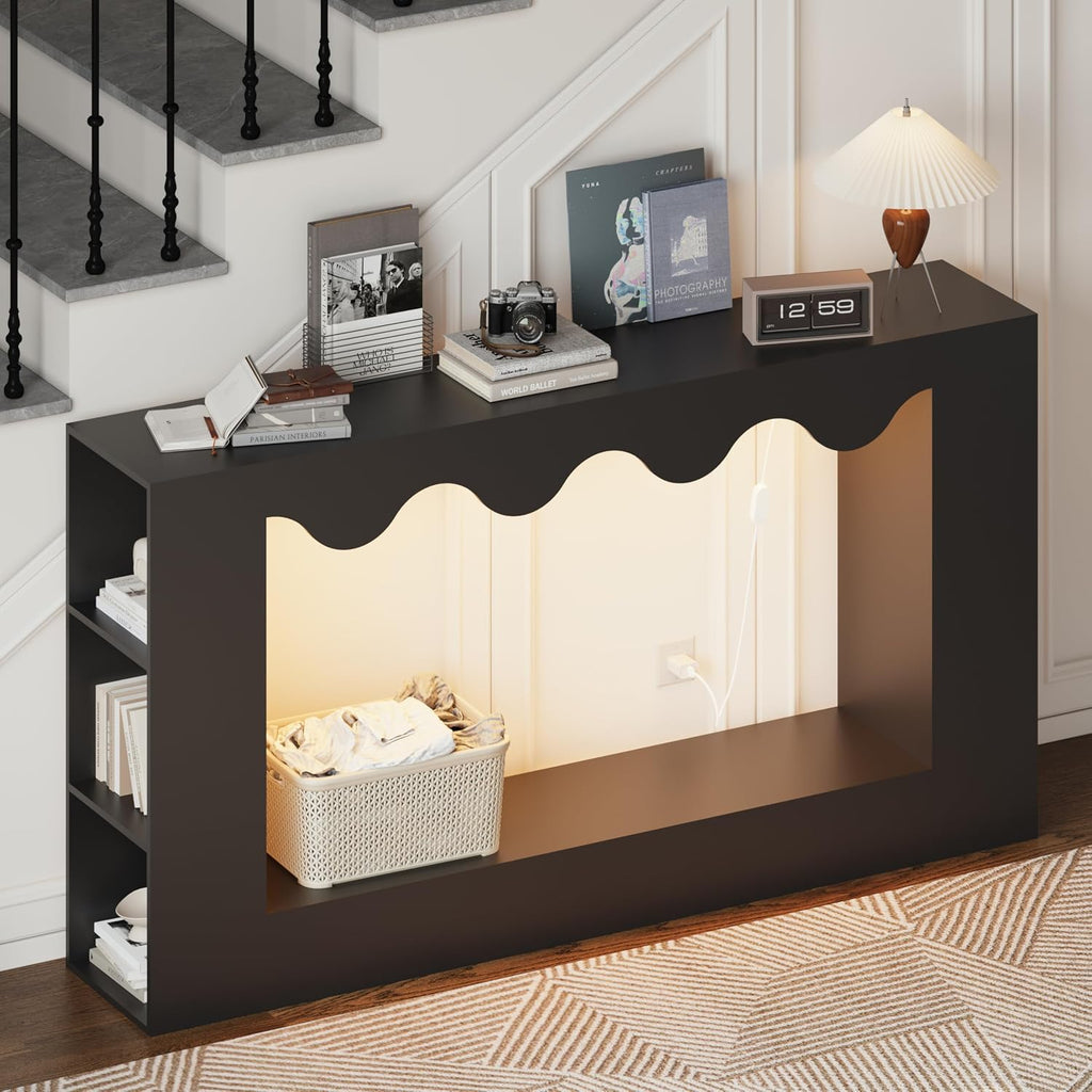 63-Inch Smart Console Table with App & Button Controlled RGB Lights, Wavy Edge Wood Farmhouse Entryway Table, Rectangular Accent Sofa Table Behind Couch for Hallway Foyer Entrance, Black