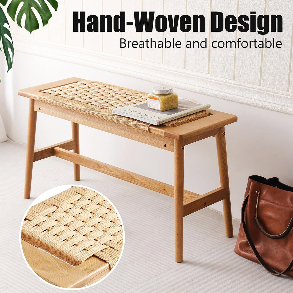 OGMILL 33.5" L Wood Dining Bench Indoor, 100% Natural Solid Oak Bed Bench Hand Woven Enterway Bench Small Bench for Dining Room, Bedroom, Kitchen (Natural)