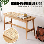 OGMILL 33.5" L Wood Dining Bench Indoor, 100% Natural Solid Oak Bed Bench Hand Woven Enterway Bench Small Bench for Dining Room, Bedroom, Kitchen (Natural)