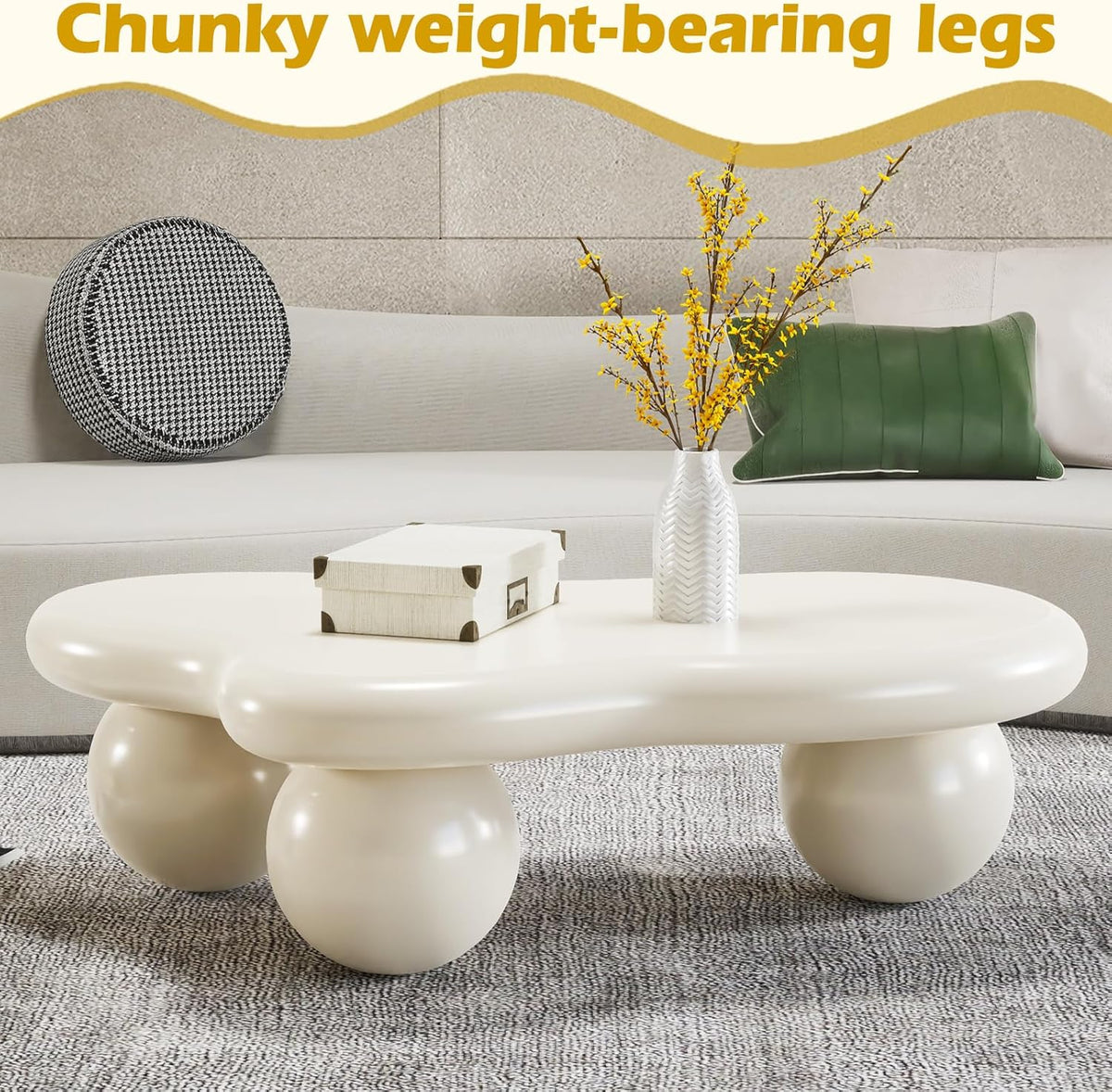 40" Modern White Coffee Table Cloud Shape Low Center Table Cute Irregular Indoor Tea Table with 3 Ball Legs for Living Room Small Space