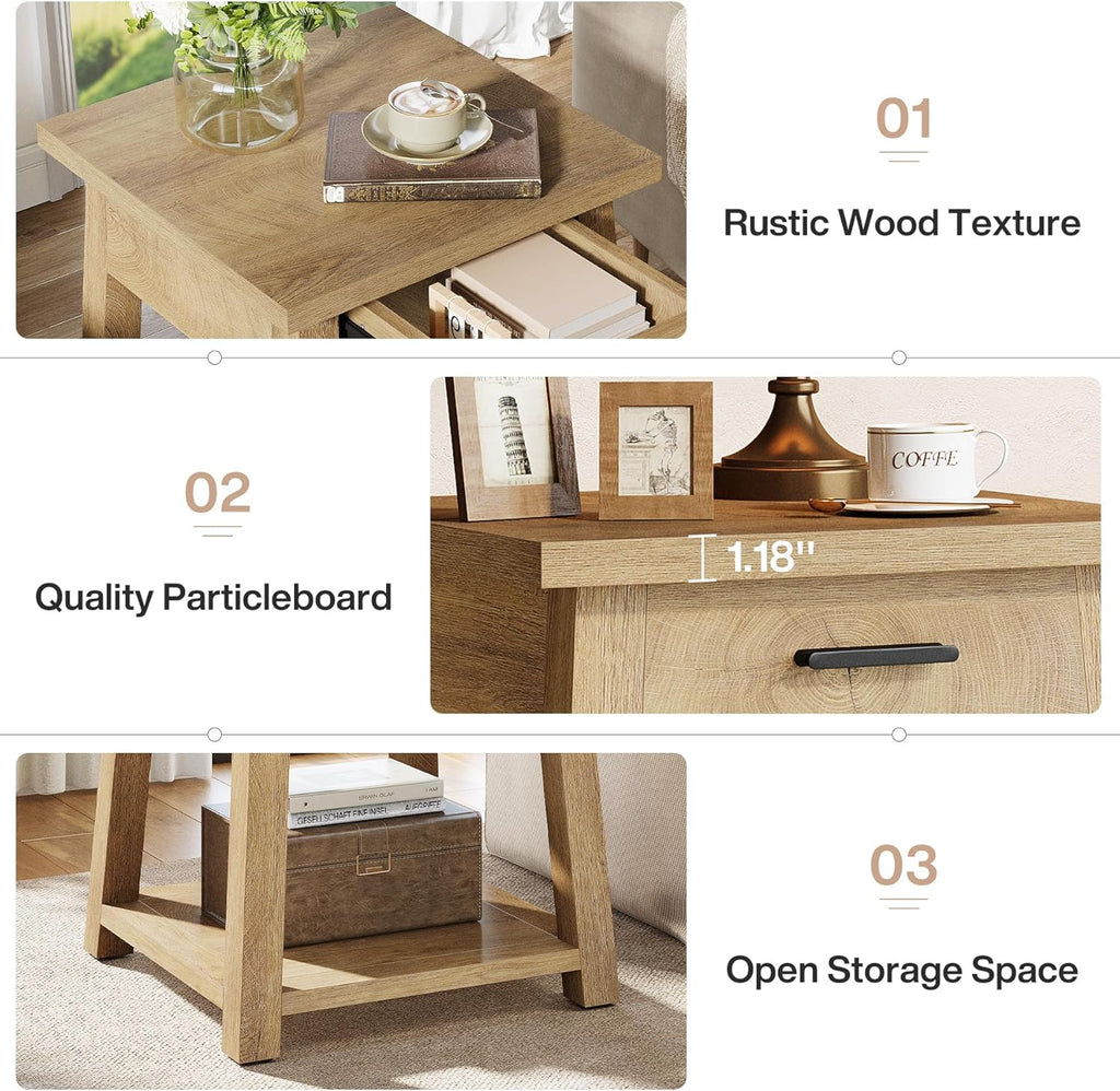 Tribesigns Farmhouse Square Side Table, 2 -Tier Wooden End Table with Drawer, Rustic Nightstands with Shelf Storage for Living Room, Bedroom, Office and Small Spaces