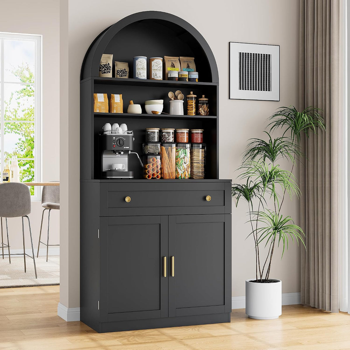 71" Tall Arched Kitchen Pantry Cabinet, Modern Kitchen Storage Cabinets with Hidden Drawer and Spacious Countertop, Wooden Storage Pantry Cabinet for Living Room, Dining Room, Black