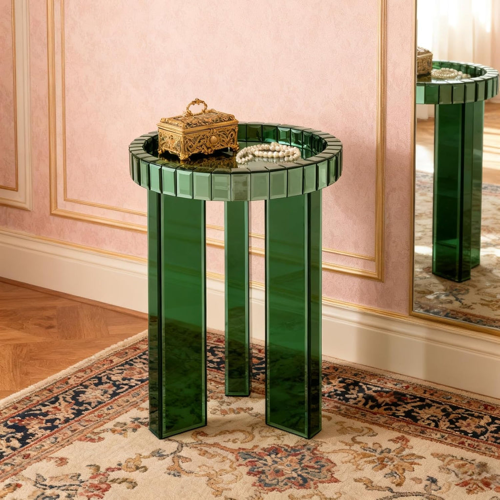 SHYFOY Green Mirrored End Table, 23" H Round Glass Side Table with Three Legs, Modern Accent Table for Living Room, Bedroom, or Entryway