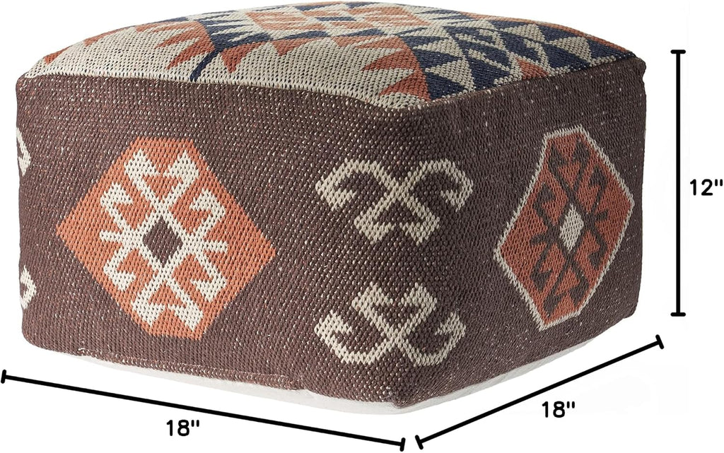L. R. Resources, Inc. LR Home Handmade Bohemian Brown/Orange Cotton Square Pouf Ottoman for Home Decor | Indoor Foot Rest for Bedroom & Living Room Decor | 18 x 18 x 12 Stuffed Ottoman for Seating