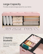 SONGMICS Storage Ottoman Bench, Folding Storage Chest, 15 x 43.3 x 15.7 Inches, Foot Rest Stool, 30 Gal. (112 L), Velvet Surface, for Bedroom, Entryway, Living Room, Jelly Pink ULSF0518R02