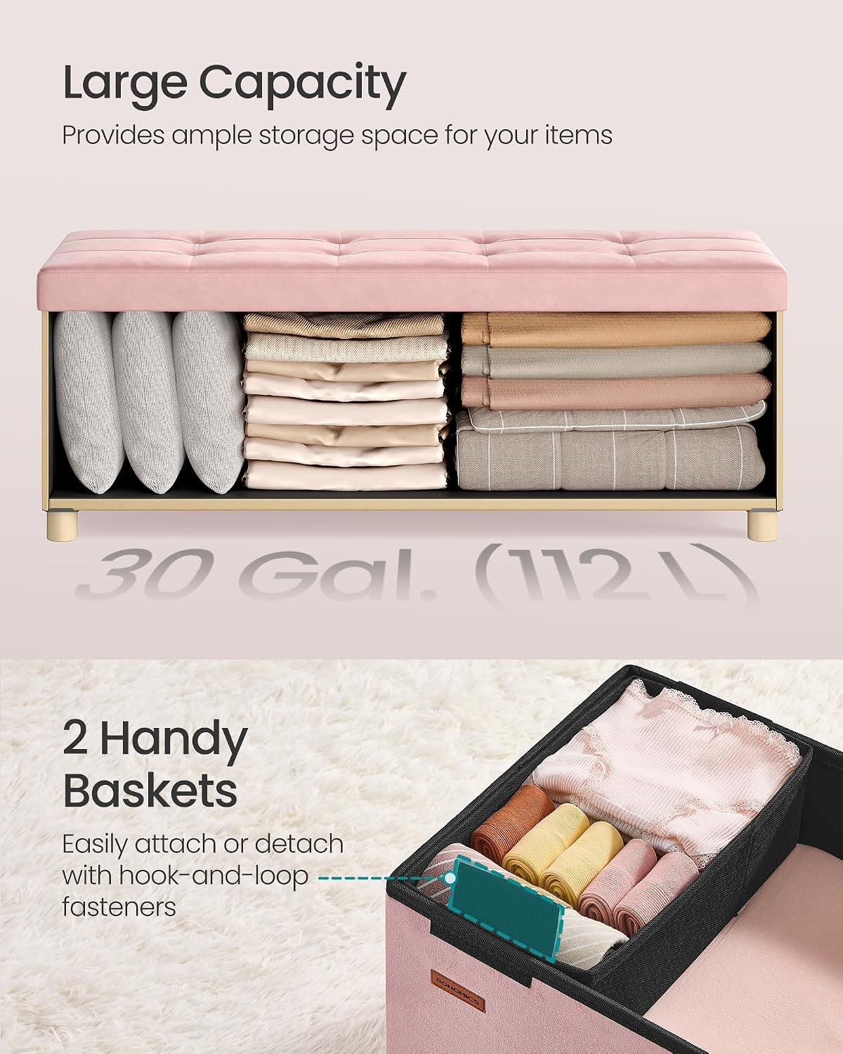 SONGMICS Storage Ottoman Bench, Folding Storage Chest, 15 x 43.3 x 15.7 Inches, Foot Rest Stool, 30 Gal. (112 L), Velvet Surface, for Bedroom, Entryway, Living Room, Jelly Pink ULSF0518R02
