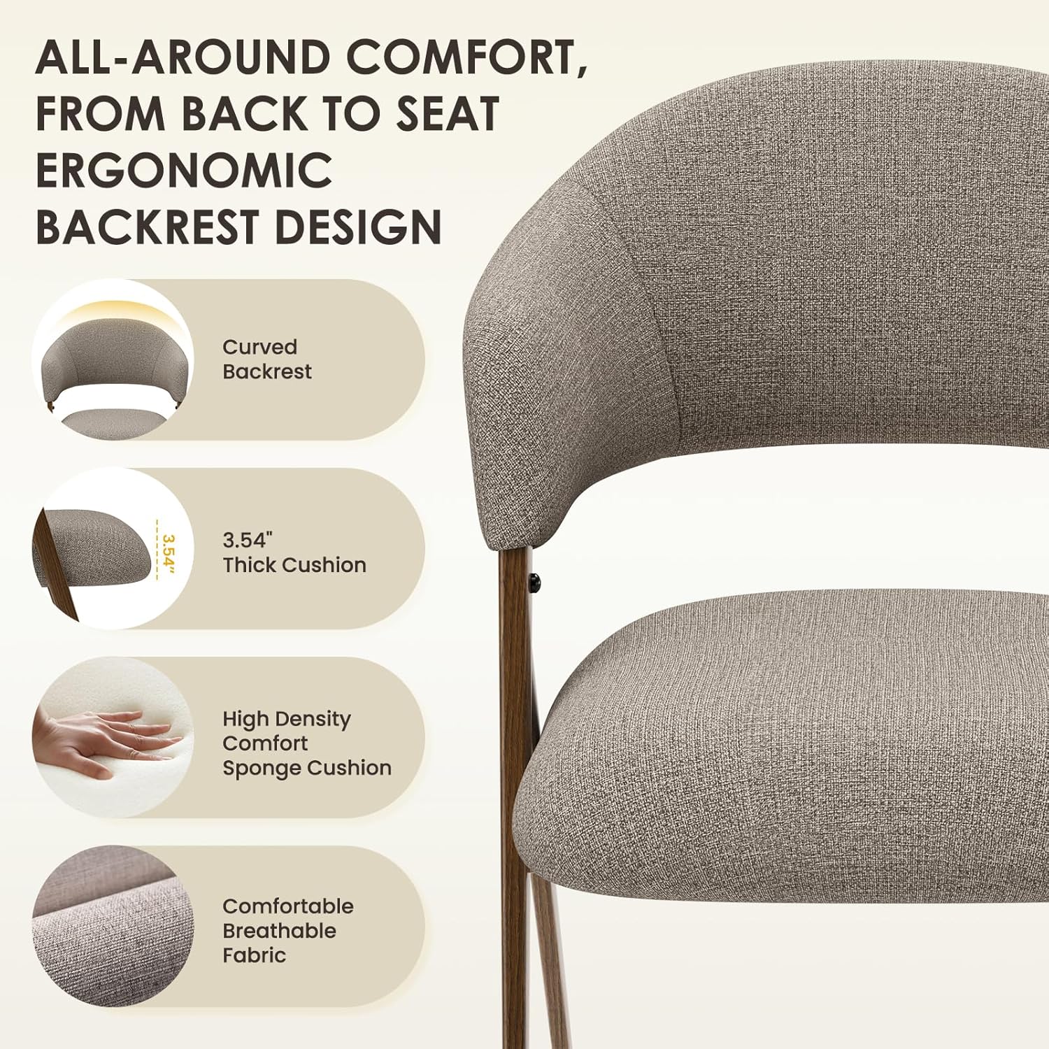 COLAMY Dining Chairs Set of 2, Modern Fabric Upholstered Dining Room Kitchen Side Chairs with Iron Legs, Open Back and Padded Seat, for Living Room/Restaurant/Cafe, Taupe
