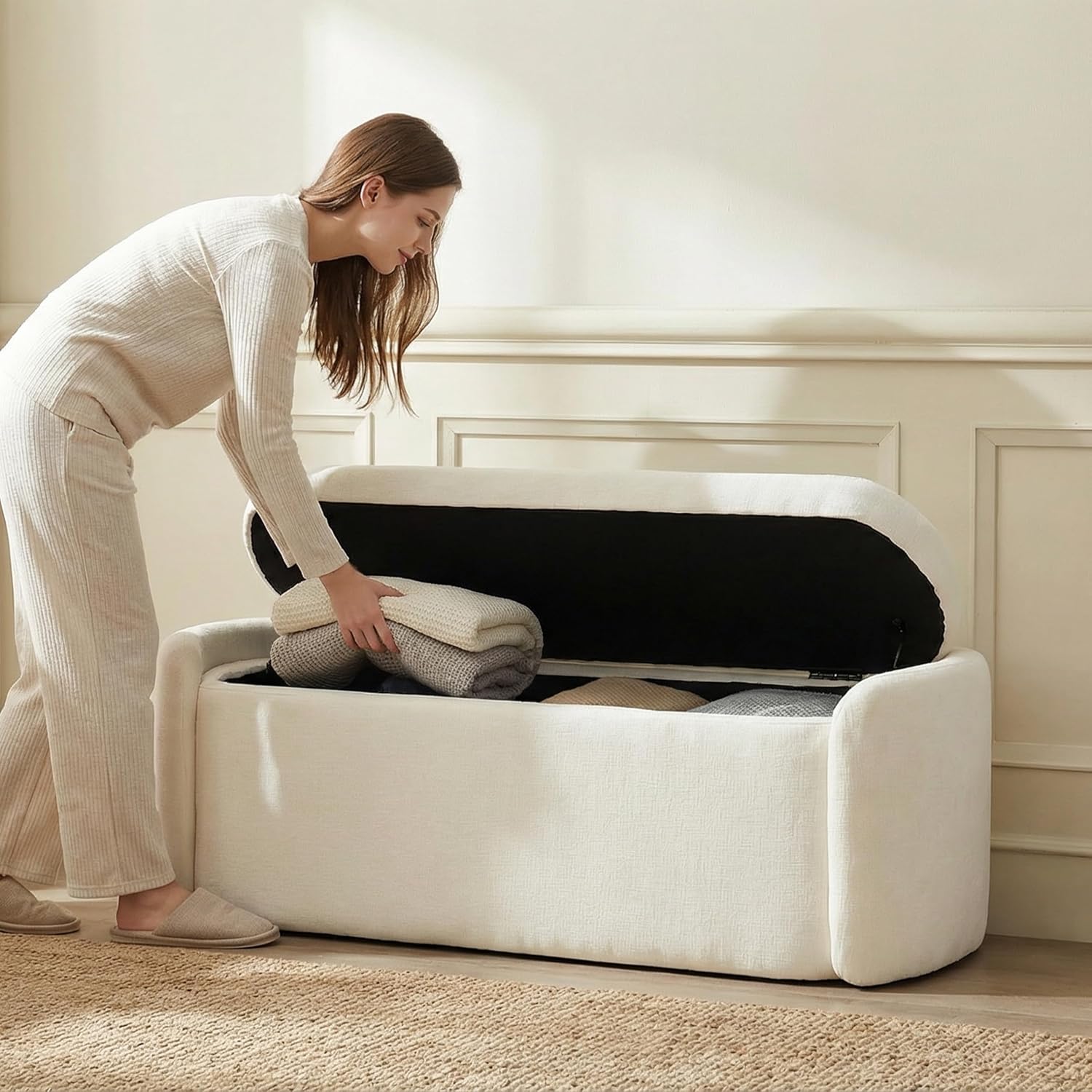 VKNOW Storage Bench, Upholstered Storage Ottoman Bench with Hinge, Cream | Ottoman Bench with Large Capacity, Curved Frame, Soft Fabric, Storage Bench for Bedroom, Living Room, Entryway