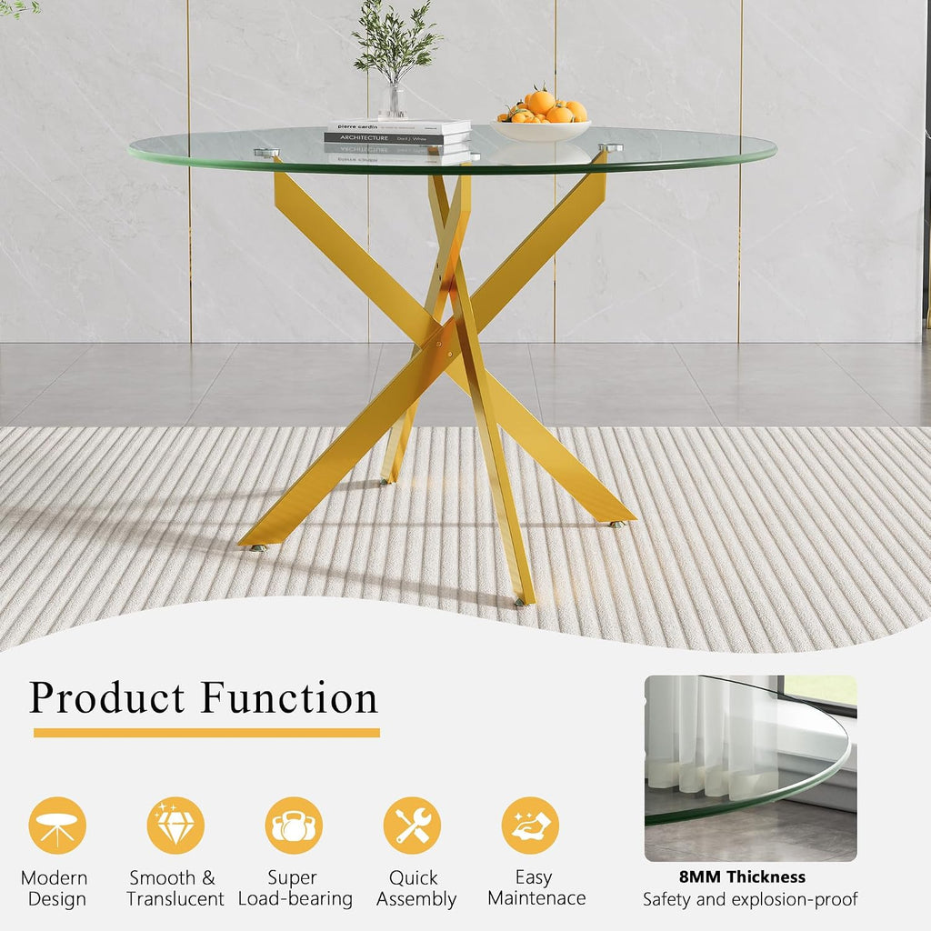 Glass Dining Room Table Set for 2, 47" Circle Glass Dining Table for 2 with Gold Metal Legs, Small Round Dining Table and Chairs Set of 2, 3 Piece Kitchen Table Set for Breakfast Dinette, Light Gray