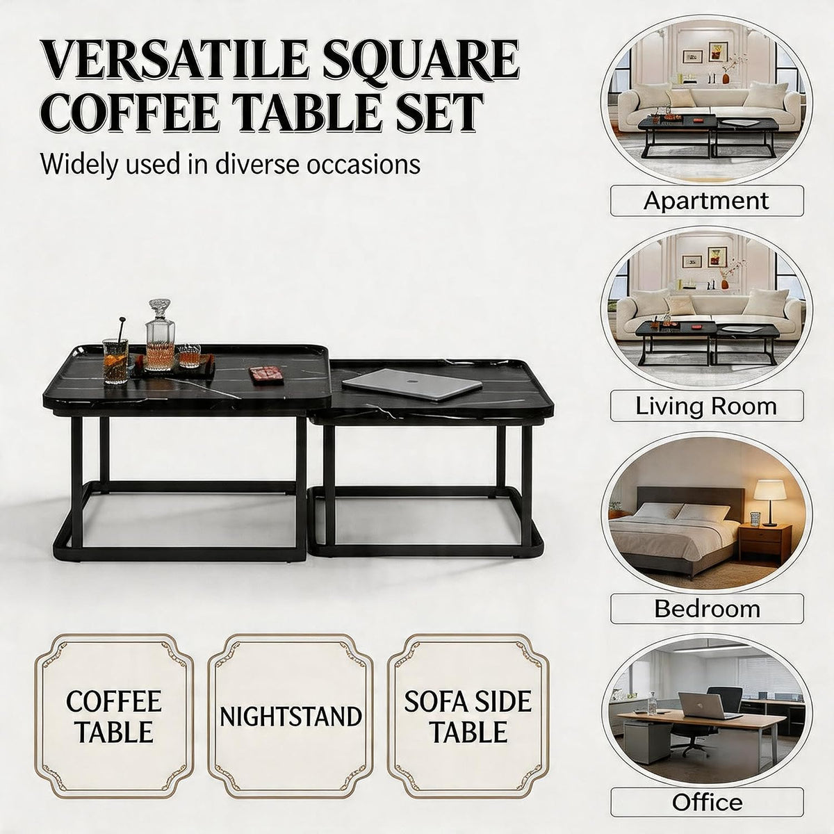 Set of2 Nesting Coffee Tables, Space‑Saving Side Table Set,Black | Stackable Design, Mid‑Century Modern Style, Multi‑Scene Usage, Ideal For Living Room, Bedroom And Balcony Decor