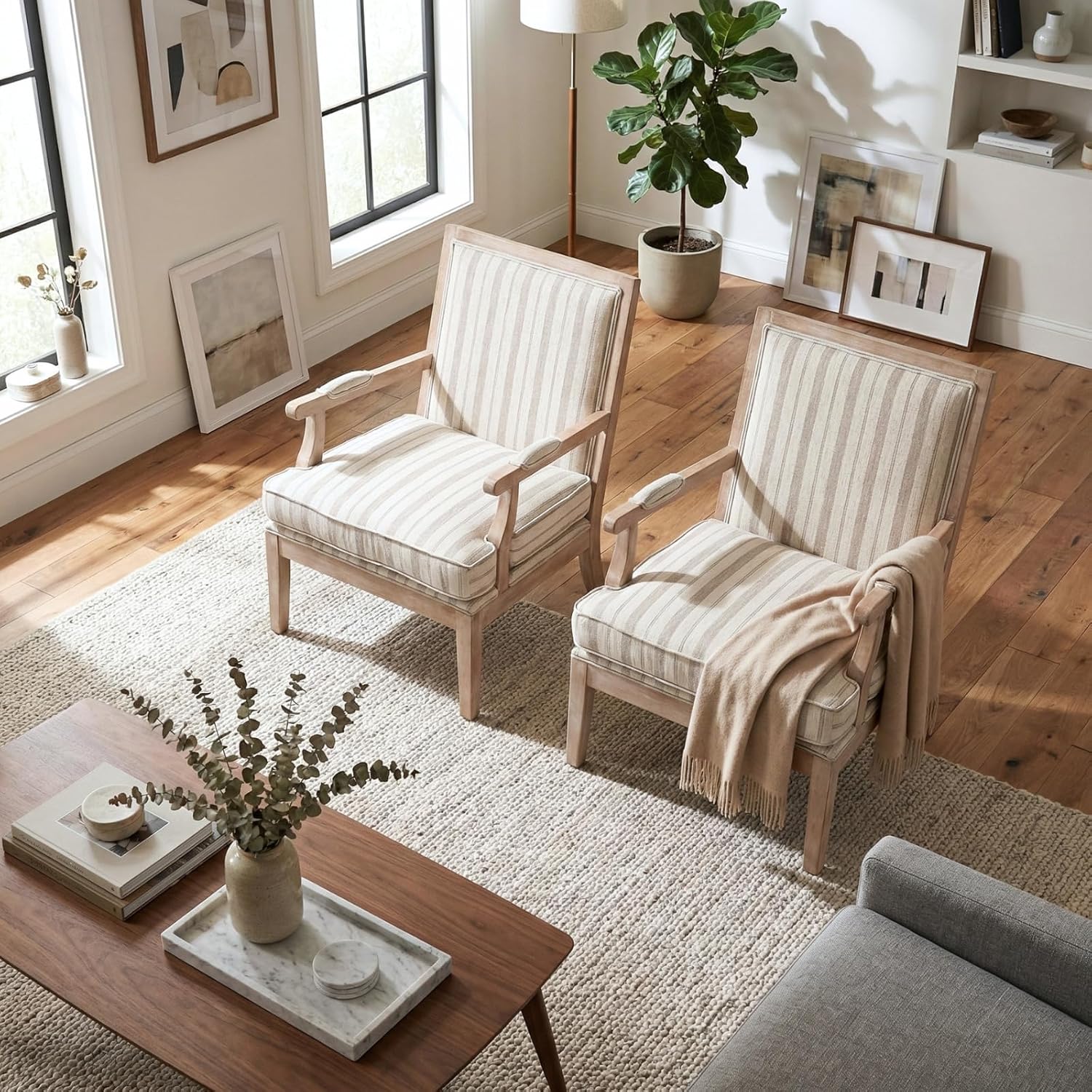 Modern Farmhouse Striped Accent Chair, Wide Upholstered Armchair with Armrest Pads, Coastal French Country Solid Wood Reading Chair for Living Room Bedroom Guest Room, Linen Fabric