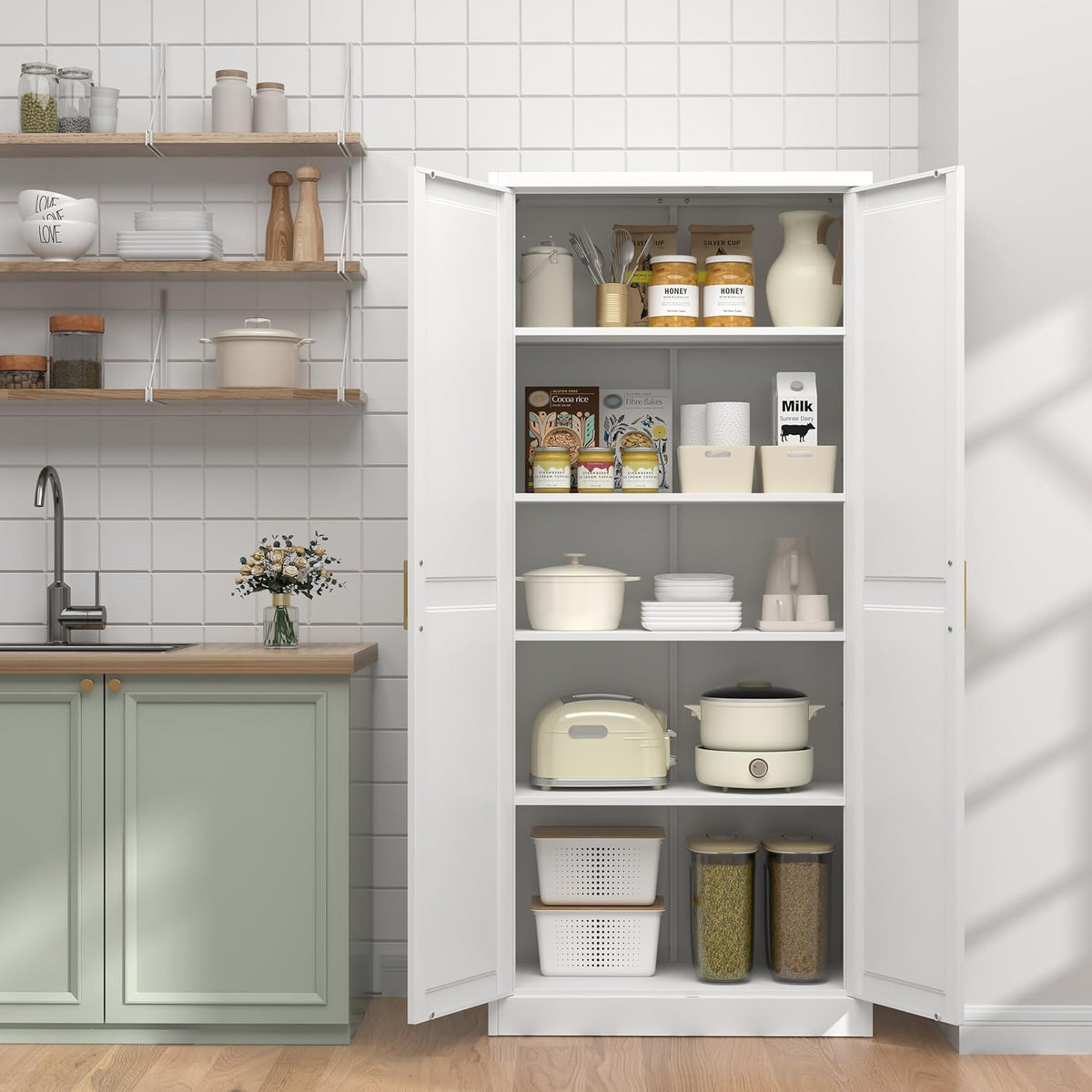 UNICOLY 71" Kitchen Pantry Cabinet, Pantry Storage Cabinet with Doors and 4 Shelves, Metal Storage Cabinets for Kitchens, Living Room, Dinning Room, Assembly Required, White