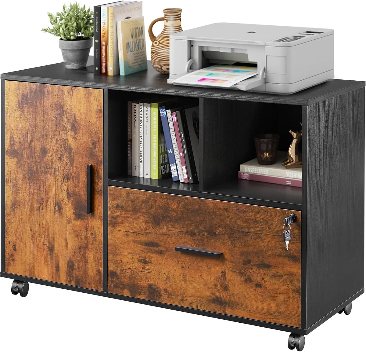 DEVAISE Printer Stand with Storage, Mobile Wood File Cabinet, Rustic Brown | Locking & Rolling, Lateral Filing Cabinet, Doors and Shelves, Fits Legal/letter/A4, for Home Office, Study
