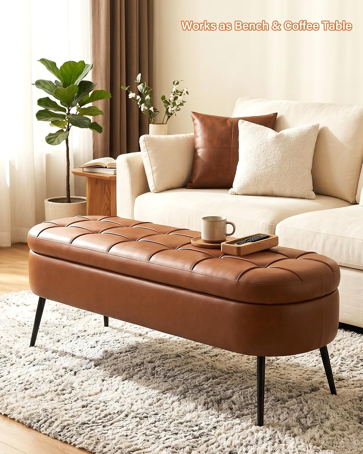 Storage Ottoman Bench, 43.7"PU Leather End of Bed Bench Walnut Brown | Bench with Large Hidden Storage, Tufted Upholstered Seat, Metal Legs, Mid-Century Modern, For Bedroom, Entryway, Living Room