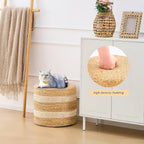 Handwoven Ottoman Pouf, Natural Water Hyacinth Footstool, Round Braided Outdoor Seat with Sturdy Frame, Boho Accent Stool for Patio, Balcony, or Garden (White)