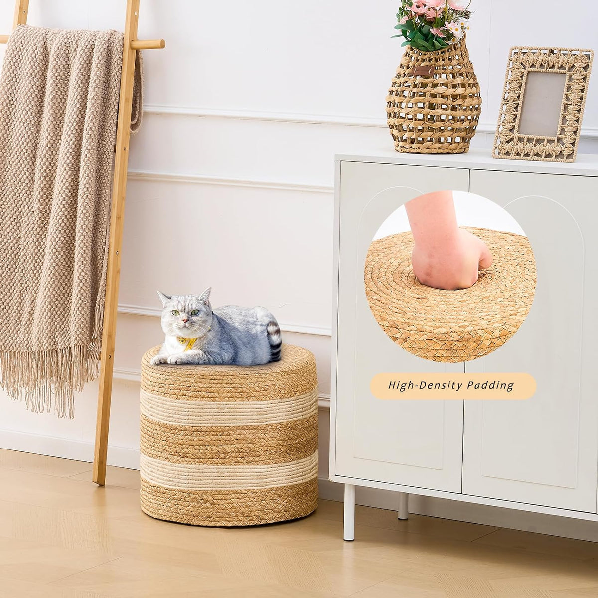 Handwoven Ottoman Pouf, Natural Water Hyacinth Footstool, Round Braided Outdoor Seat with Sturdy Frame, Boho Accent Stool for Patio, Balcony, or Garden (White)