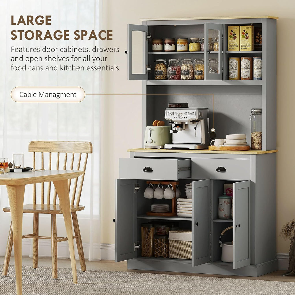 Kitchen Pantry Unit 71 inch, freestanding, Adjustable Shelves Three Heights, Wide countertop for Cable, Gray Oak Yellow Finish