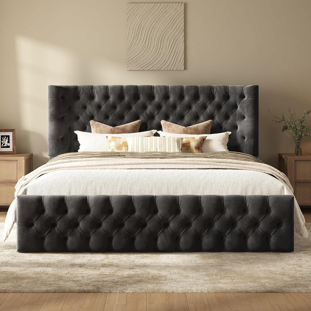 AMERLIFE Upholstered King Bed Frame with Wingback Headboard, Black Velvet