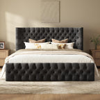 AMERLIFE Upholstered King Bed Frame with Wingback Headboard, Black Velvet