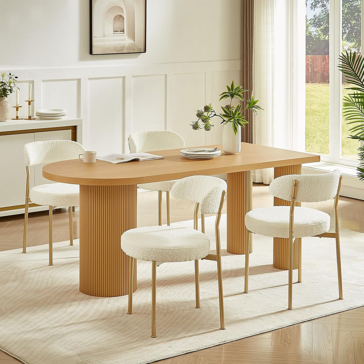 SoarFlash Dining Chairs, Beige Boucle Dining Chairs Set of 6, Kitchen Dining Room Chairs Curved Backrest Upholstered Mid Century Chair with Golden Metal Legs