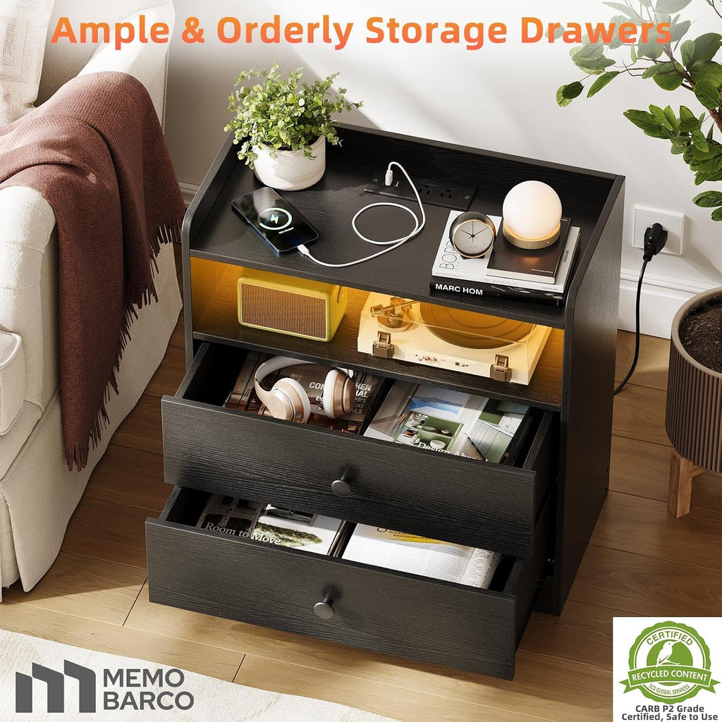 Memobarco 2 Pack Nightstand with Charging Station and LED Light, Black | Modern Nightstand, USB Ports, Outlets, Wooden Bedside Table, 2 Storage Drawers, Small Dresser, Bedroom, Small Space