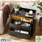 Memobarco 2 Pack Nightstand with Charging Station and LED Light, Black | Modern Nightstand, USB Ports, Outlets, Wooden Bedside Table, 2 Storage Drawers, Small Dresser, Bedroom, Small Space