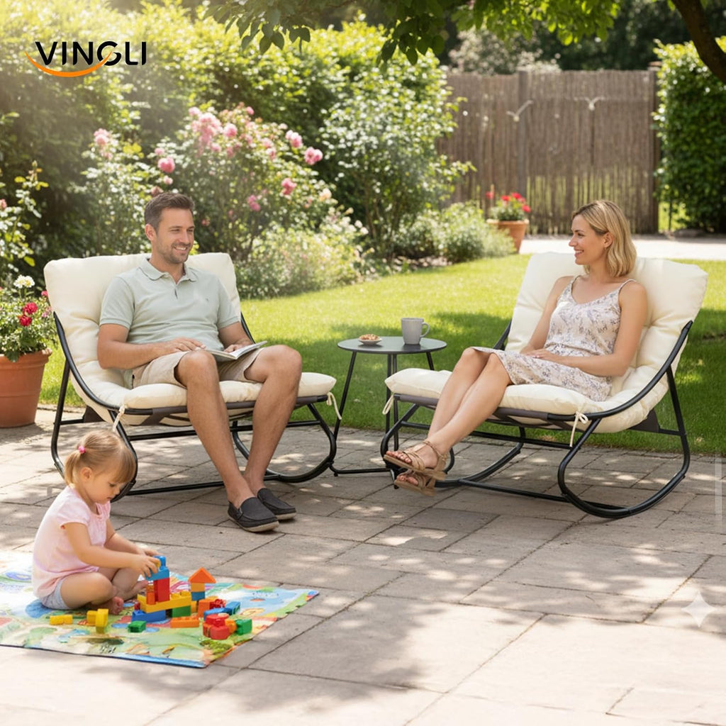 VINGLI Rocking Patio Chairs Set of 2 with Side Table, Heavy Duty 400 LBS Capacity, Padded Outdoor Indoor Rockers, White