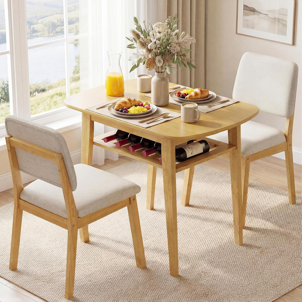 Giantex Dining Table Set for 2, Space Saving Kitchen Table and Chairs Set w/Rubber Wood Frame, Storage Rack, Padded Seats & Backrests, Dinette Set for Small Space, Apartment, Dining Room, Natural