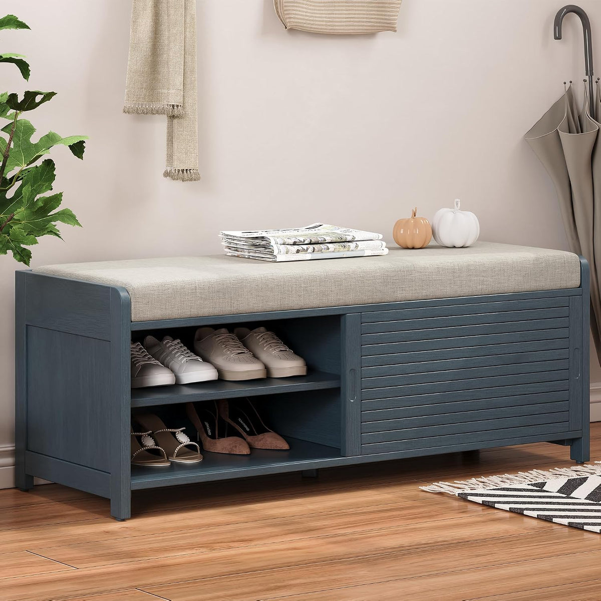 LUMISOL Shoe Bench with Storage and Cushion, Farmhouse Distressed Shutter Storage Bench with Retro Charm for Living Room, Entryway, Navy