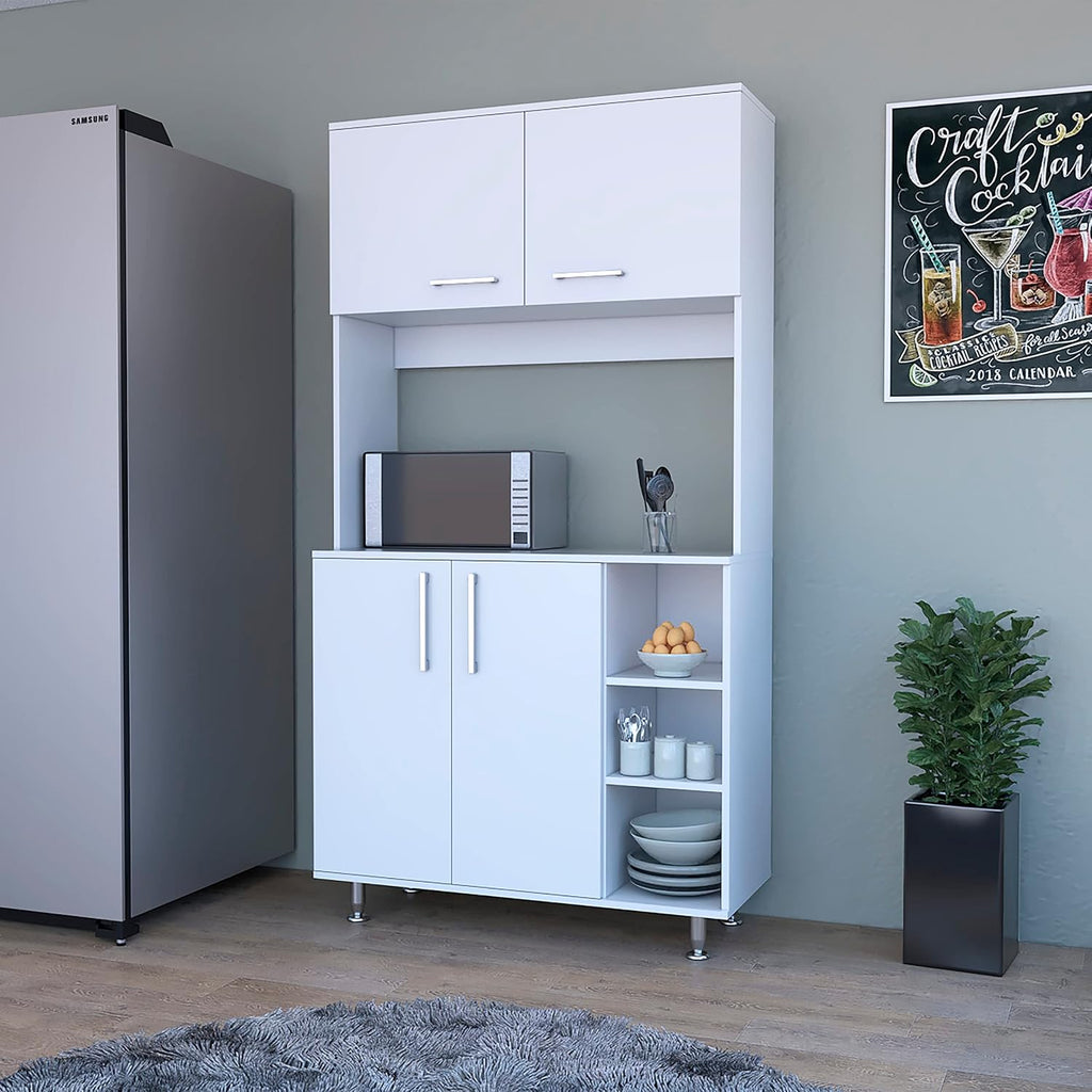 FM FURNITURE Colorado Pantry Cabinet with Three Small Open Shelves and One Cabinet, Color White. for Kitchen Room