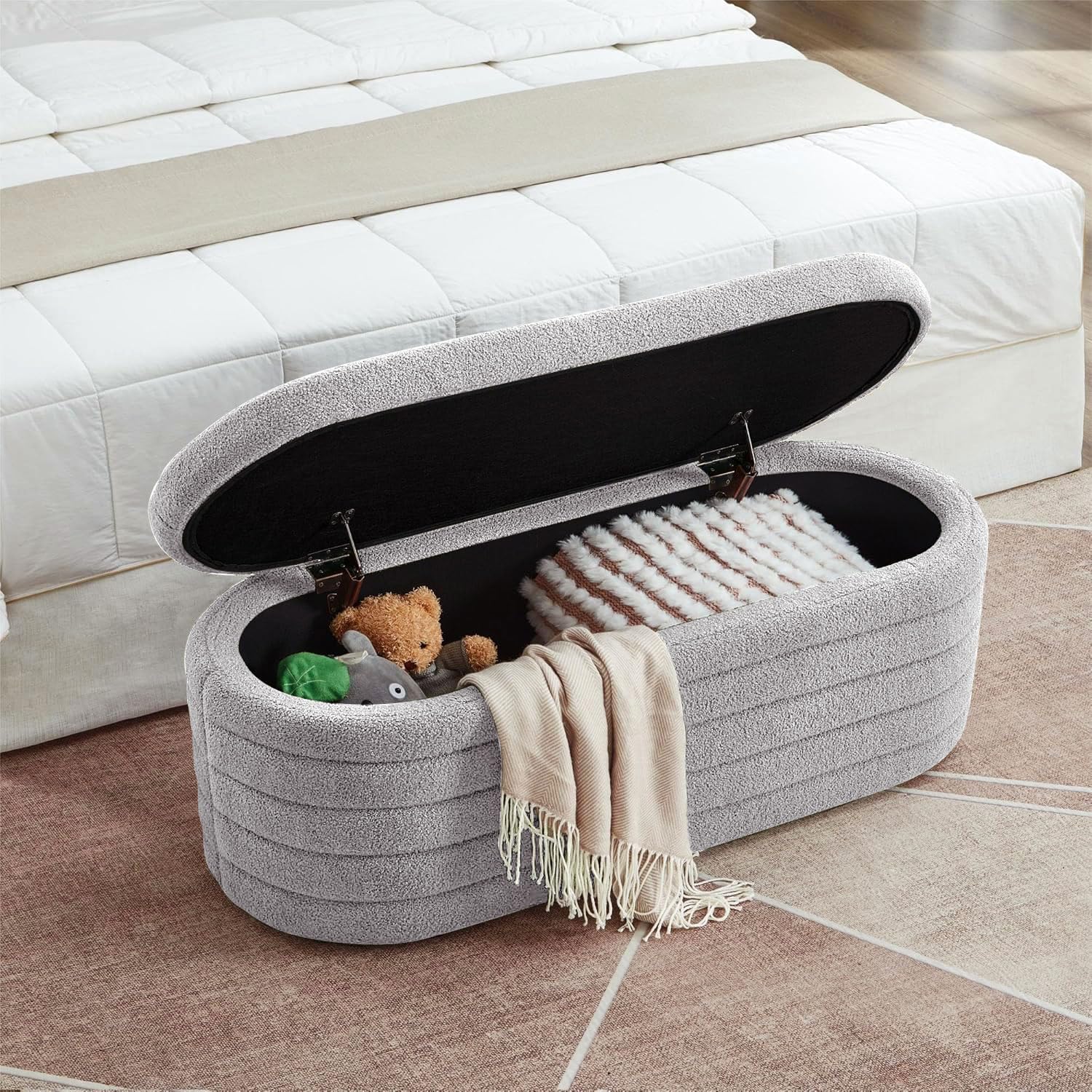 Storage Ottoman Bench End of Bed for Bedroom, Boucle Upholstered Entryway Shoe Seat Bench with Storage, Sherpa Modern Cute Padded Blanket Chest Stool Foot Rest for Living Room (Light Gray)
