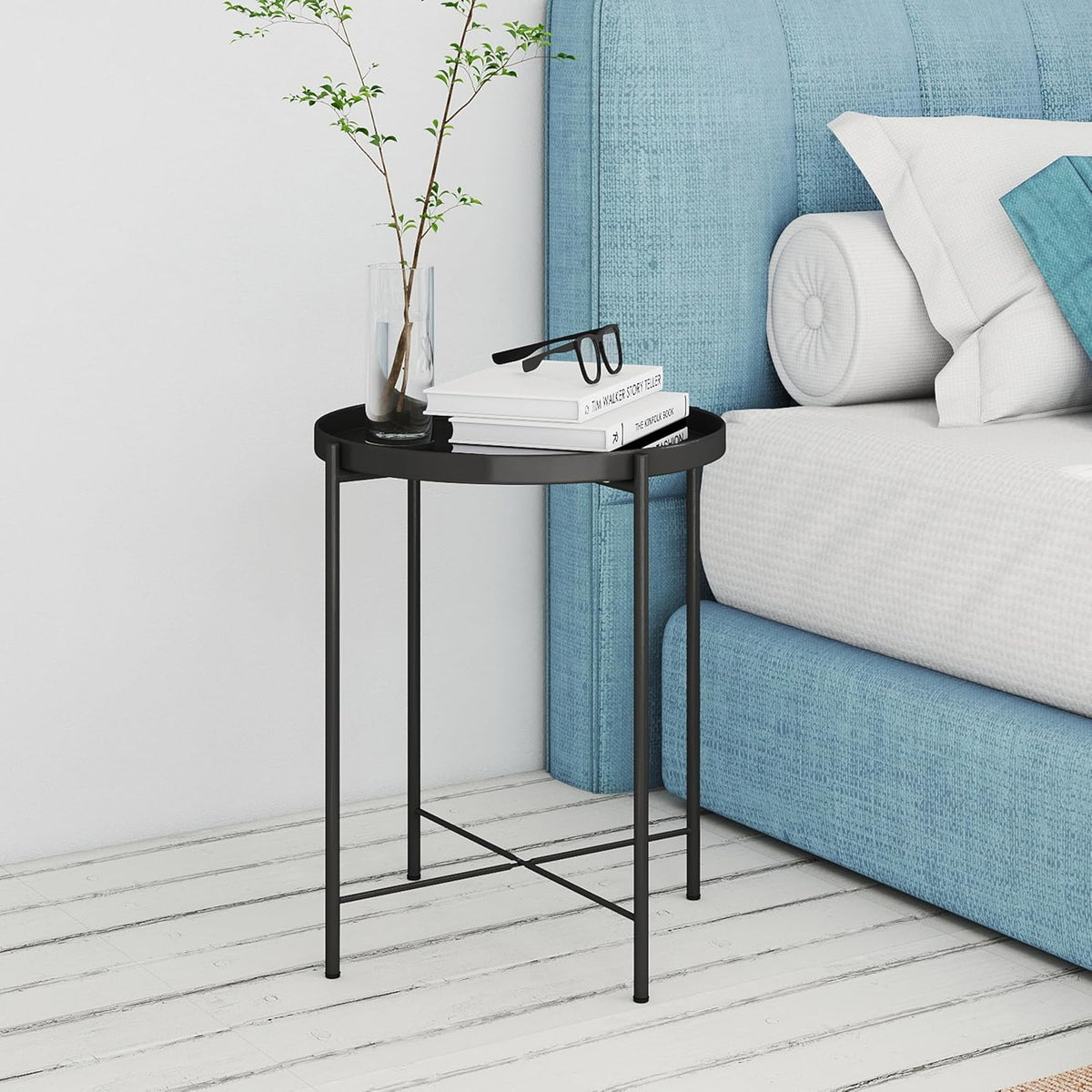 DDK 17" Round Metal Side Table with Removable Tray Top, Black Accent Table with X-Brace Frame, Indoor Outdoor End Table for Living Room Bedroom Patio Balcony