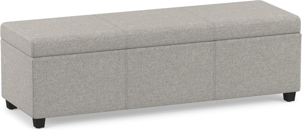 SIMPLIHOME Avalon 54" Wide Linen Look Fabric Storage Ottoman in Cloud Grey | Contemporary lift-top ottoman with high-density foam; rectangle storage bench or coffee table for living room or entryway.