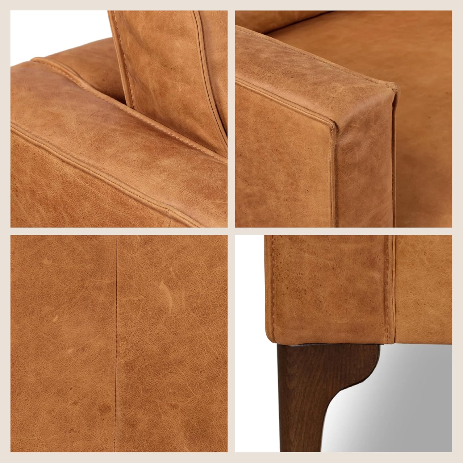 Poly & BARK Mateo 82” Sofa – Cognac Tan Full-Grain Pure-Aniline Italian Leather, Feather-Down Cushions, Solid Wood Frame & Walnut Legs