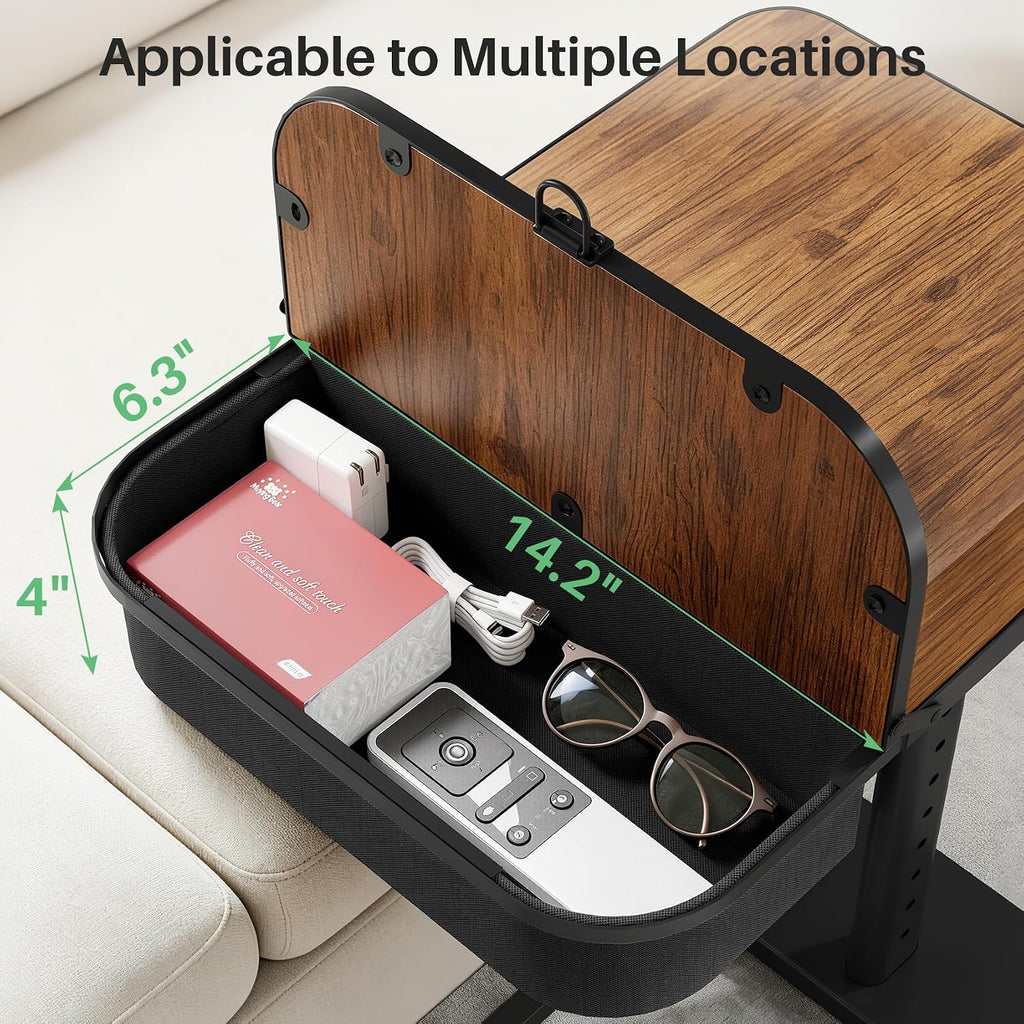 Kitstorack Large TV Tray Table with Flip-Top Storage, Adjustable Height | 18.9" x 14.2" desktop, metal frame, Oxford fabric basket, 9 height settings, C-shaped base, sofa, bed, living room