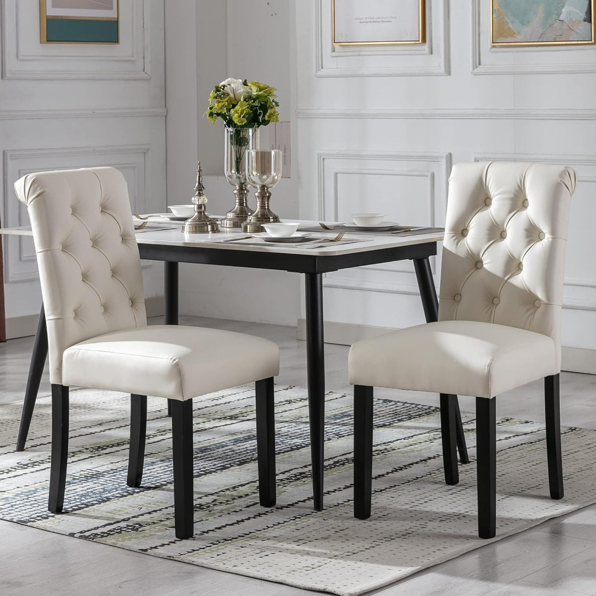 chairus Dining Chairs Set of 2 Mid Century Modern Living Room Chairs with Button Tufted High Back PU Leather Armless Chair Comfy Upholstered Side Chairs for Kitchen/Restaurant/Bedroom, Cream White