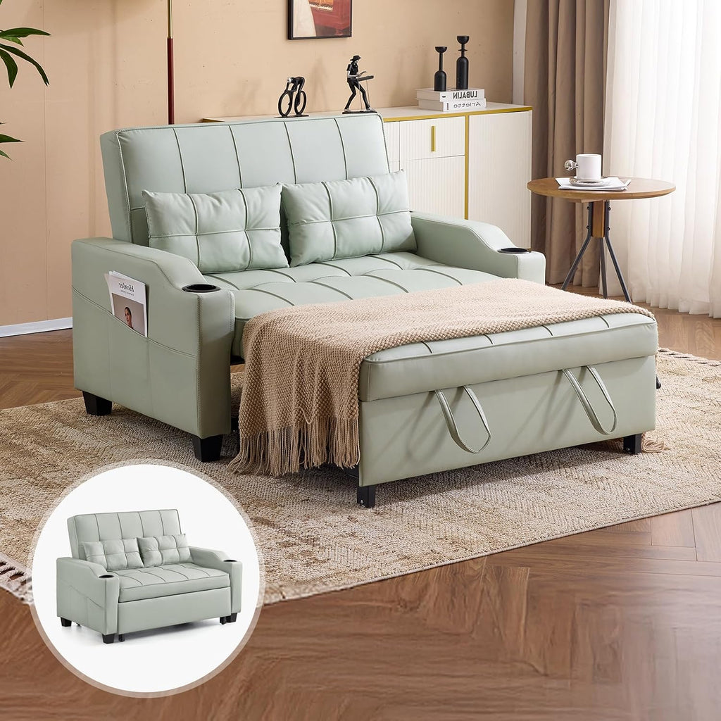 VINGLI Convertible Loveseat Sleeper Sofa Bed, Pullout Couch for Living Room | Light Green Futon Sofa Bed, Faux Leather Pull-Out Couch Bed with USB Ports, Cup Holders for Small Space, Apartment, Office