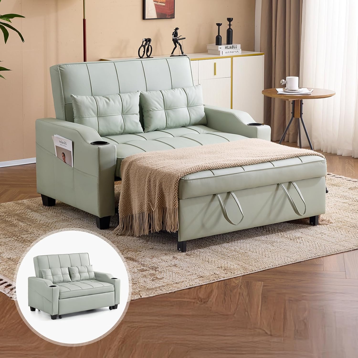 VINGLI Convertible Loveseat Sleeper Sofa Bed, Pullout Couch for Living Room | Light Green Futon Sofa Bed, Faux Leather Pull-Out Couch Bed with USB Ports, Cup Holders for Small Space, Apartment, Office