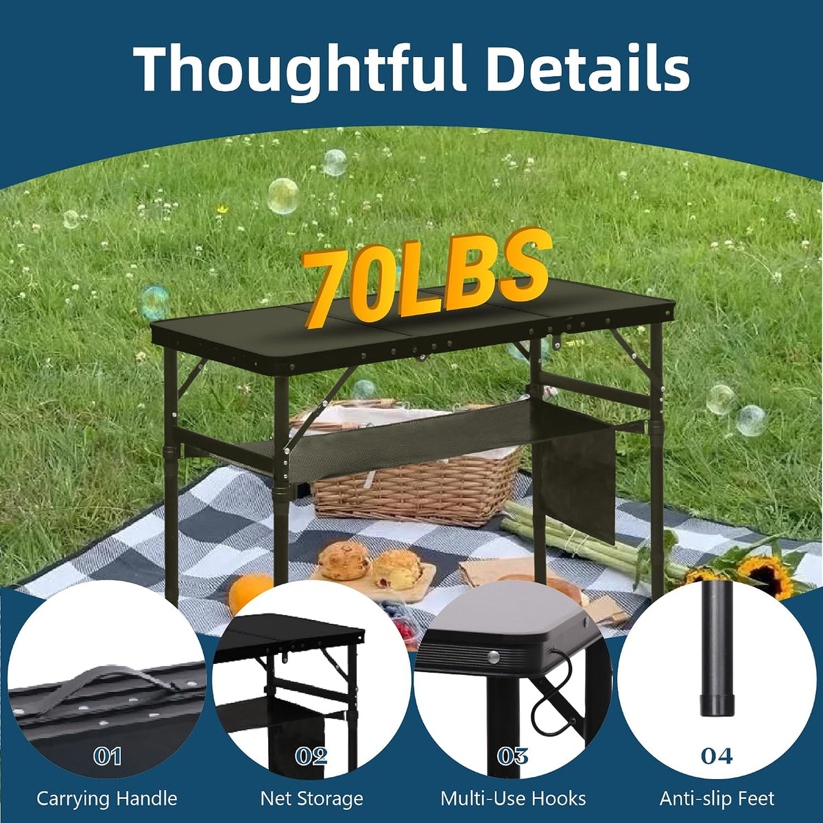 LOFTEY 3 ft Folding Camping Table, Portable Camp Table, Adjustable Height | 3 Height Settings up to 27.5", 70 lb Capacity, Compact Tri-Fold, Lightweight with Carry Bag, Mesh Pocket and Hooks