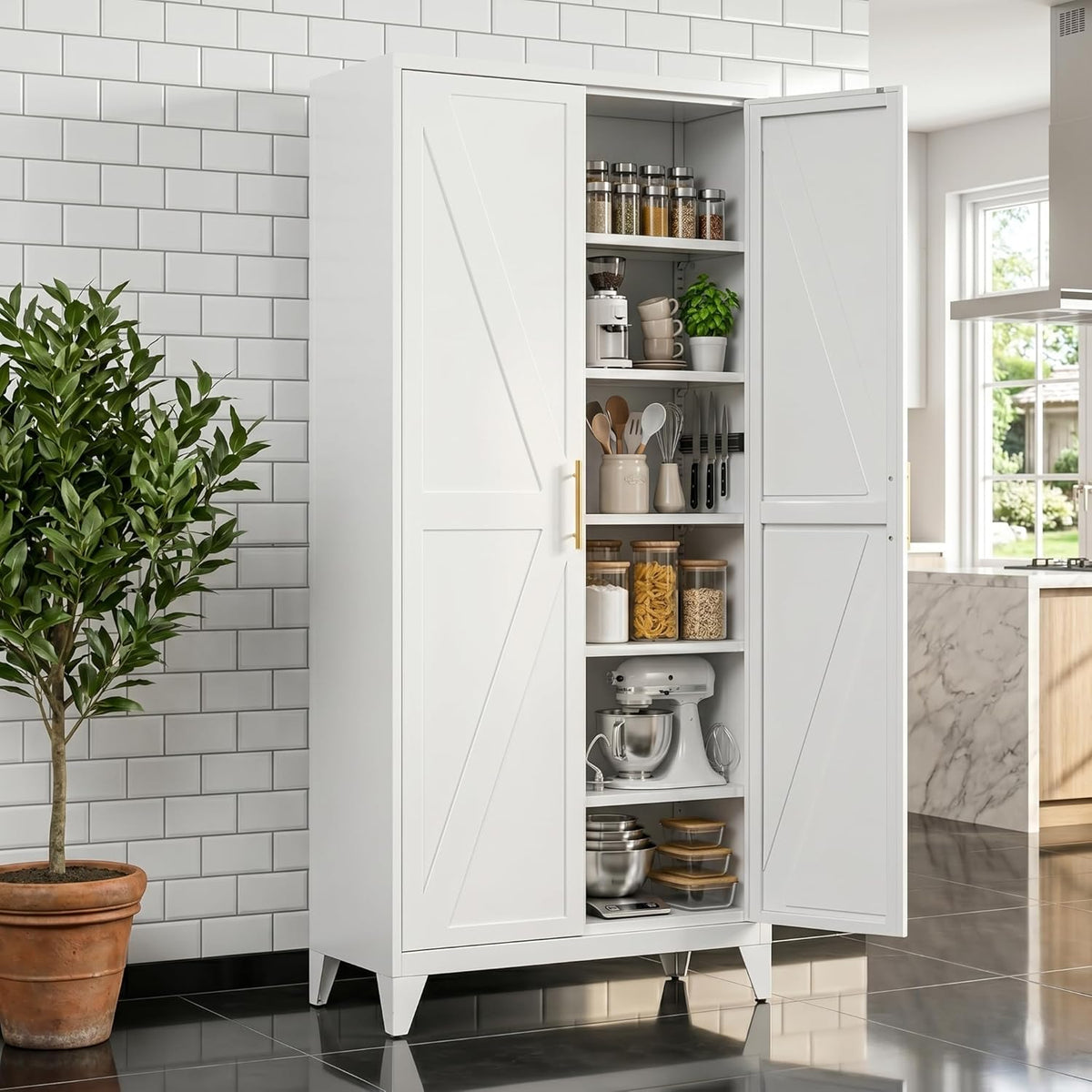 75.3" H Kitchen Pantry Cabinet with 5 Adjustable Shelves, Farmhouse Metal Pantry Cabinet with 2 Doors for Kitchen Home, Assembly Required,White