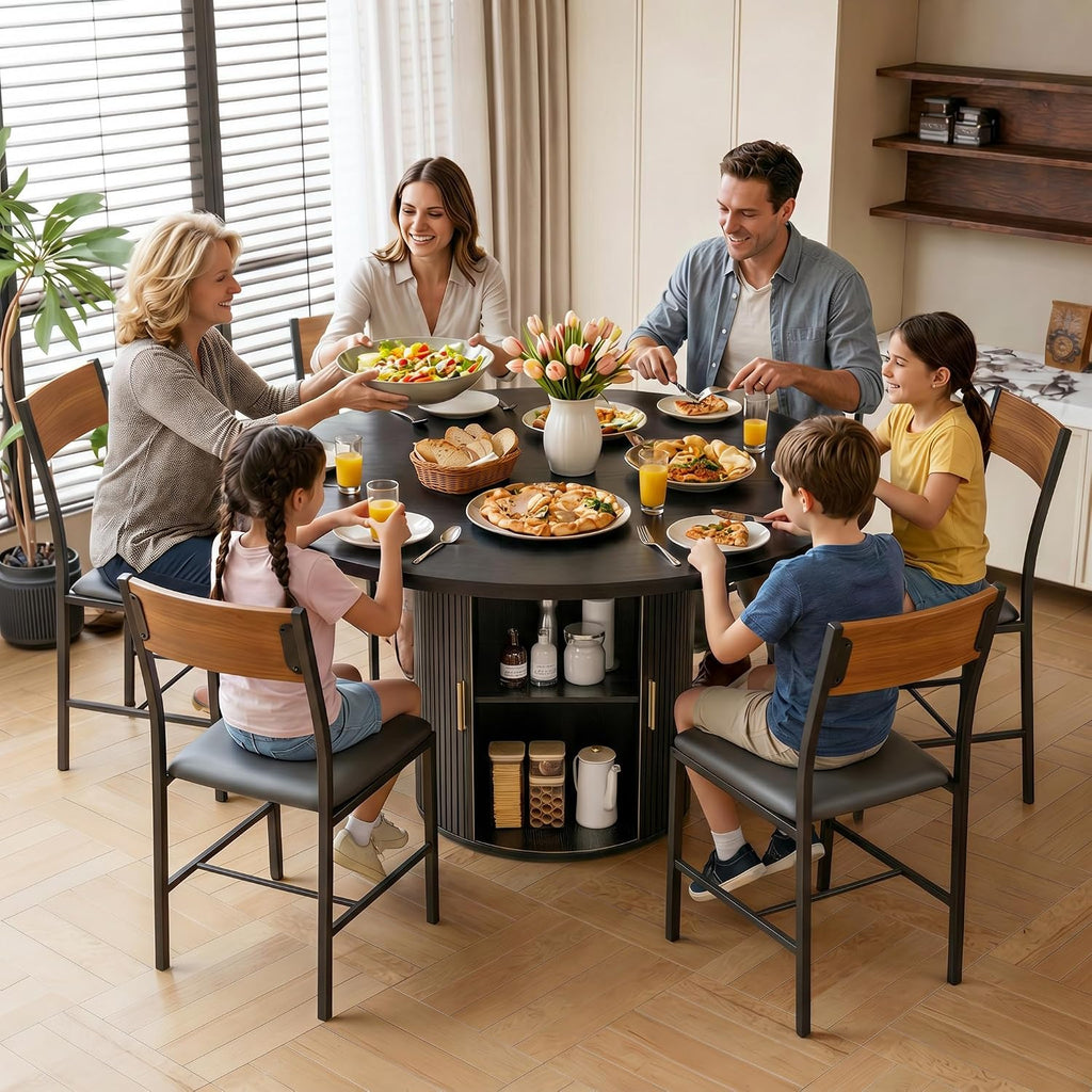 Pamapic Dining Table Set for 6, 47" Round Dining Table with Chairs, Storage Shelf, Space-Saving Tambour Design, Gold Handles, Wood Grain, Kitchen Table and Chairs for Dining Room & Living Room, Black