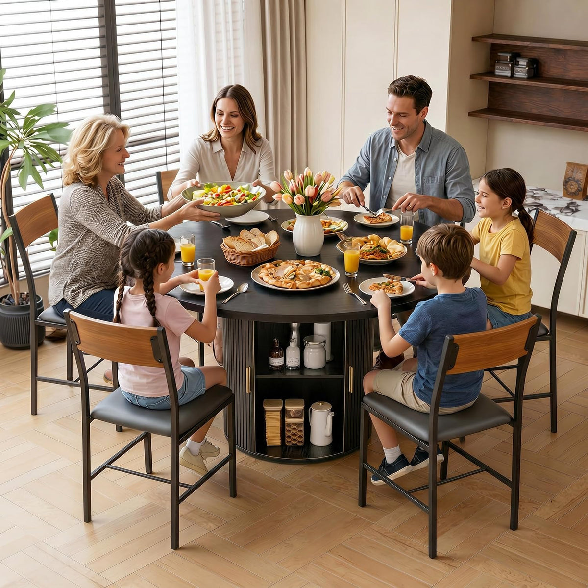 Pamapic Dining Table Set for 6, 47" Round Dining Table with Chairs, Storage Shelf, Space-Saving Tambour Design, Gold Handles, Wood Grain, Kitchen Table and Chairs for Dining Room & Living Room, Black