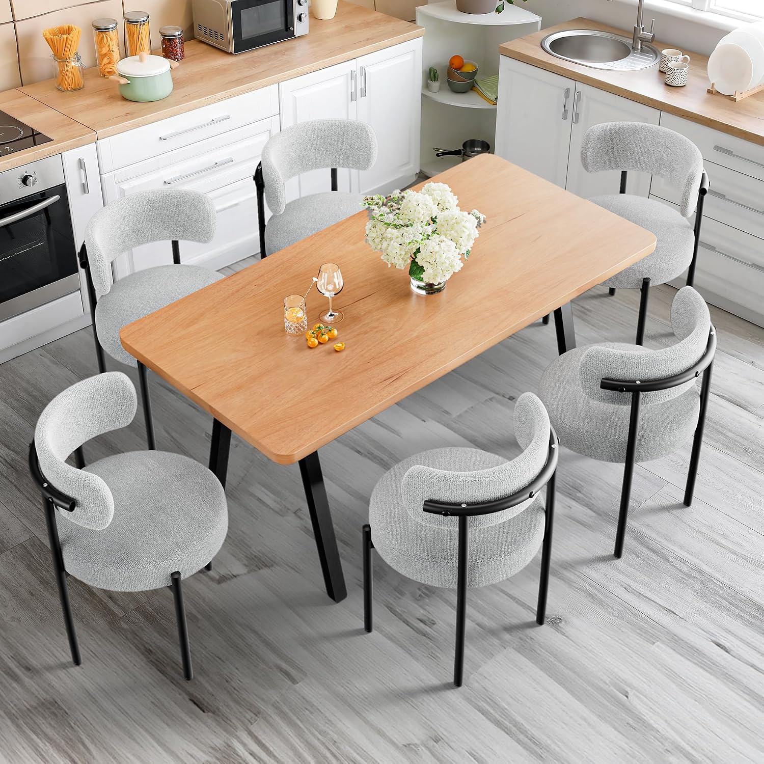 PatioPerk Boucle Dining Chairs Set of 6, Light Gray Mid Century Morden Chair with Curved Backrest, Round Upholstered Sherpa with Metal Legs, Suitable for Various Kitchen Styles