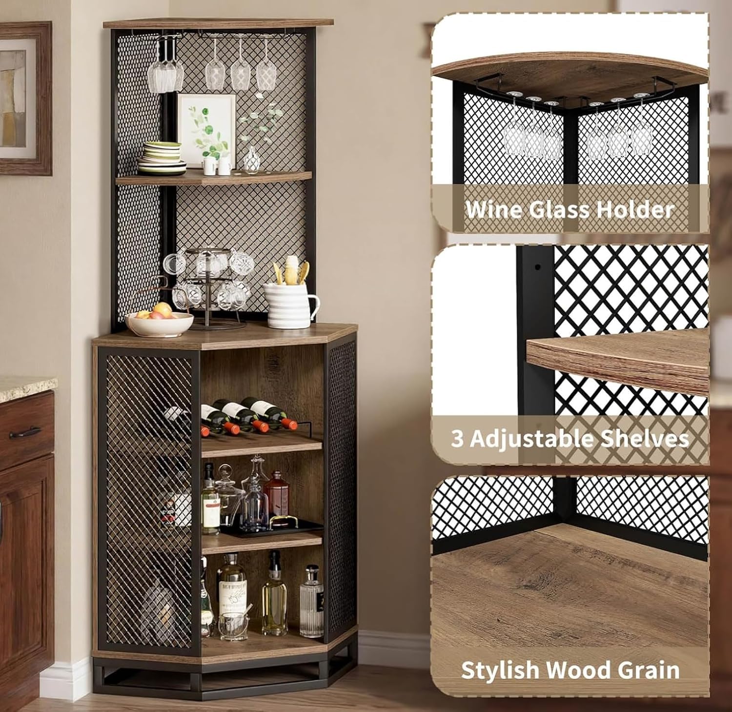 IBF 71 Inch Rustic Oak Farmhouse Tall Corner Bar Cabinet with Glass Holder | Sturdy 5-Tier Industrial Farmhouse Liquor Storage with Adjustble Shelf，Anti-Tipping Design for Home Kitchen Small Space