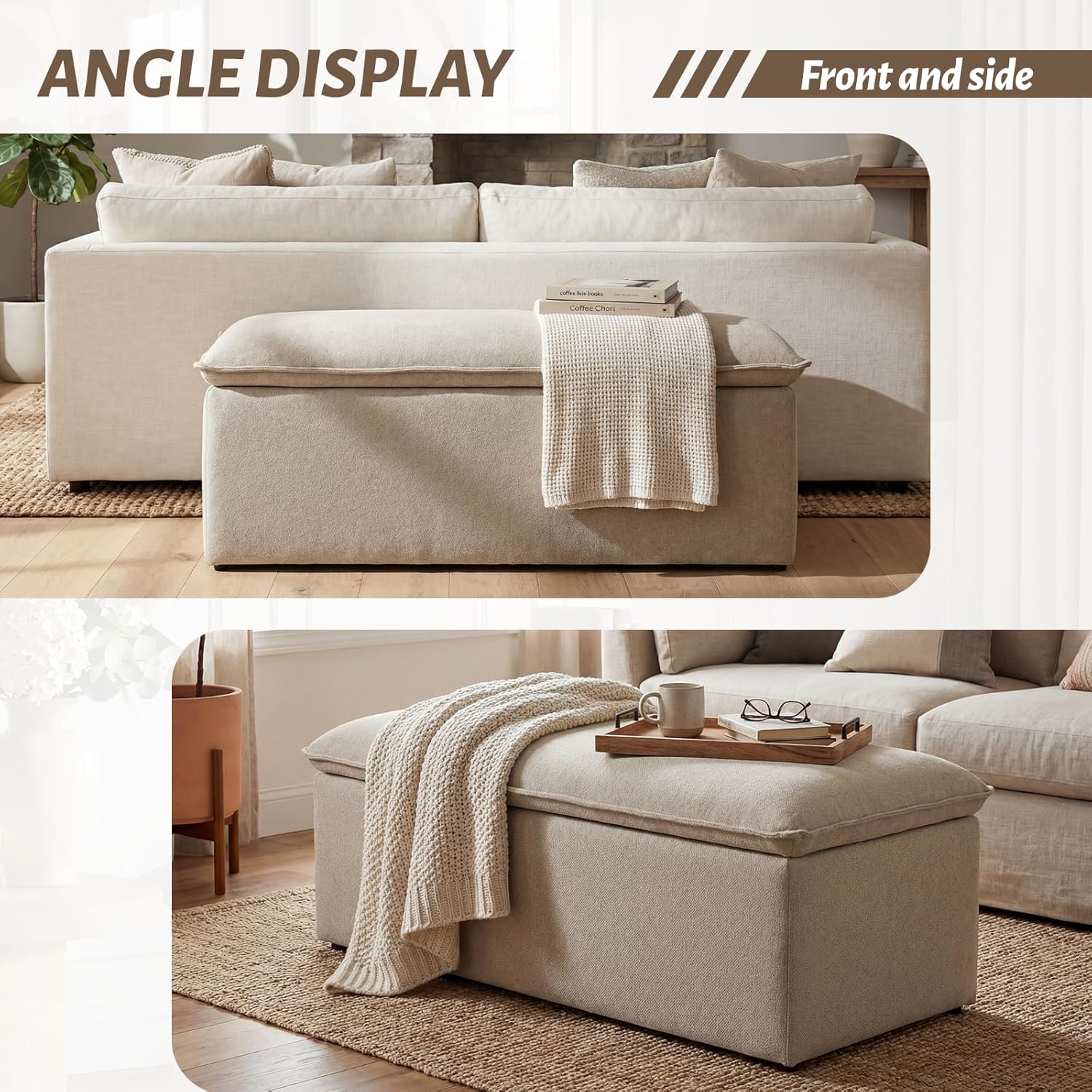 Ya-Home Modern Storage Bench, Upholstered Storage Ottoman Chenille Fabric with Seating Entryway Bench for Bedroom Living Room, Oatmeal