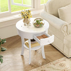 GOFLAME Round End Table with Drawer, 2-Tier Sofa Side Table with Solid Wood Legs, Open Storage Shelf, Vintage Accent Table, Display Table, Compact Nightstand for Living Room, White