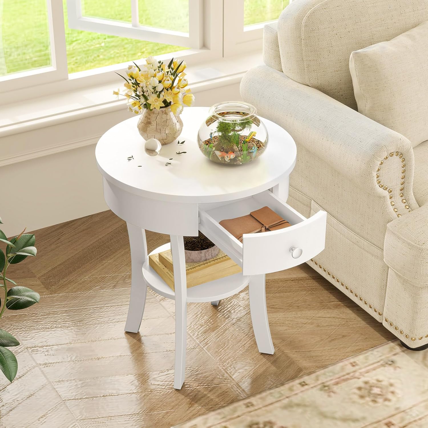 GOFLAME Round End Table with Drawer, 2-Tier Sofa Side Table with Solid Wood Legs, Open Storage Shelf, Vintage Accent Table, Display Table, Compact Nightstand for Living Room, White